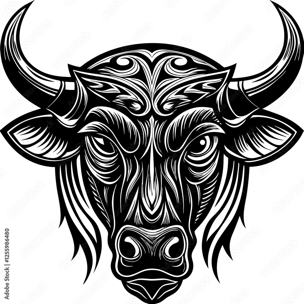 Fototapeta premium Bold Black and White Stylized Bull Head Illustration with Powerful Expression