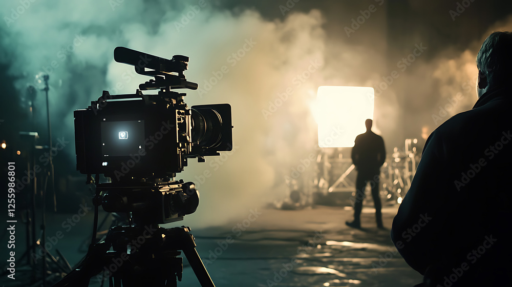 Fototapeta premium Cameraman with professional video camera on the background of stage lighting and smoke