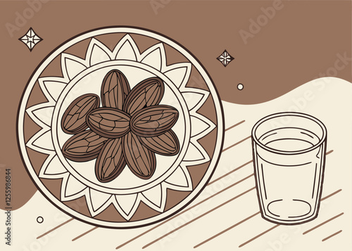 Ramadan Kareem, Dates & Water, Iftar Feast Vector Illustration. Islamic, Decorative Plate, Holy     