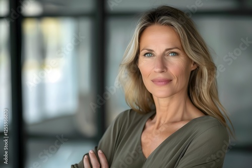 Free Download Confident Woman with Blonde Hair Poses with Crossed Arms, Displaying Strength and Grace, Projecting Success and Positivity,  A Portrait of Feminine Resilience, Exuding Self-Assuredness and Style. - GFXLoad