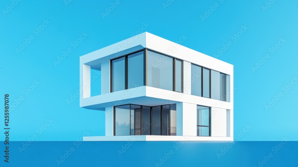 A 3D-rendered miniature house with clean lines, large windows, and a sharp geometric design on a solid blue backdrop. A 3D-rendered miniature house with clean lines, large windows, and a sharp geometric design on a solid blue backdrop.