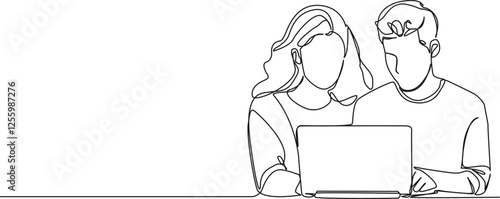 continuous single line drawing of young man and woman looking at laptop screen, line art vector illustration