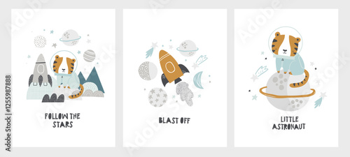 Vector set of posters, postcards with cute tiger astronaut, space elements, planets, rocket, stars. Illustration for children. Space adventures. Nursery. Scandinavian style. Saturn, Moon.