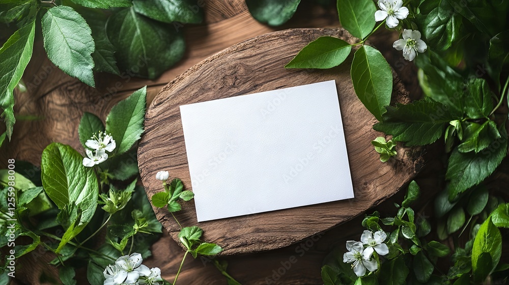 A blank white card set on a wooden board, surrounded by green leaves and white flowers. A nature-inspired composition, perfect for invitations, eco-friendly branding, and organic design projects A blank white card set on a wooden board, surrounded by green leaves and white flowers. A nature-inspired composition, perfect for invitations, eco-friendly branding, and organic design projects