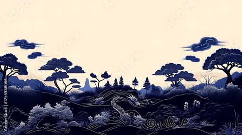 Serene Blue Dragon Landscape Asian Inspired Art