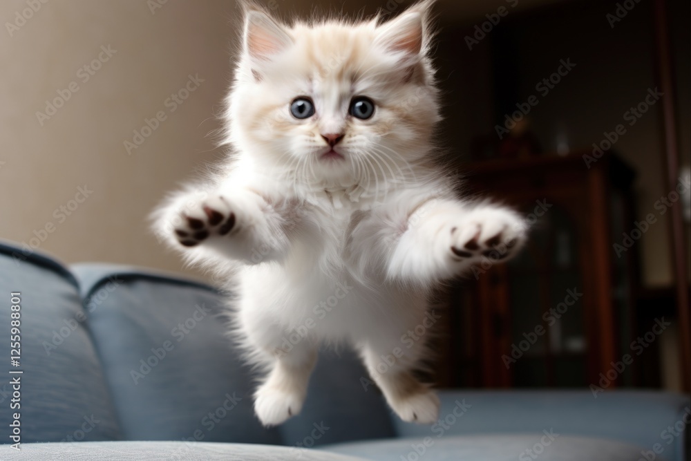 Cute Cream Silver Tabby Point Ragdoll Kitten Jumping and Playing in the Air - Fluffy Fur and Adorable Pet - AR 3:2 Cute Cream Silver Tabby Point Ragdoll Kitten Jumping and Playing in the Air - Fluffy Fur and Adorable Pet - AR 3:2