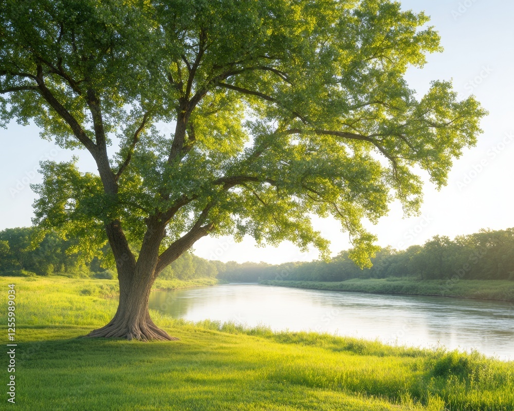 Serene Riverside Landscape with Lush Green Tree and Calm Water Serene Riverside Landscape with Lush Green Tree and Calm Water
