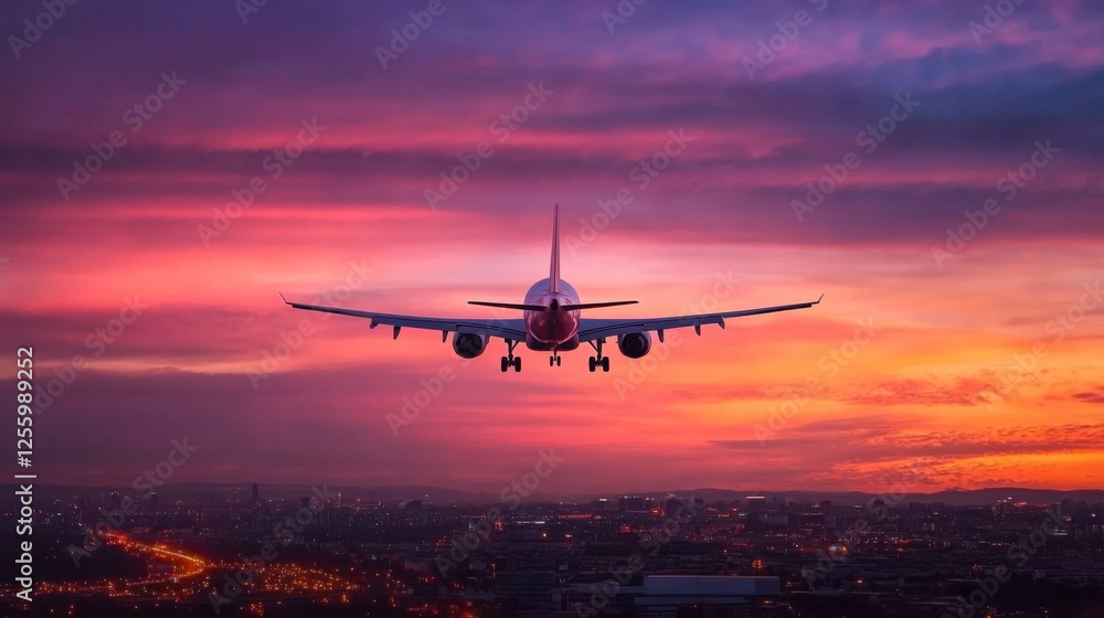 Airplane is flying in colorful sky over city at night. Landscape Airplane is flying in colorful sky over city at night. Landscape
