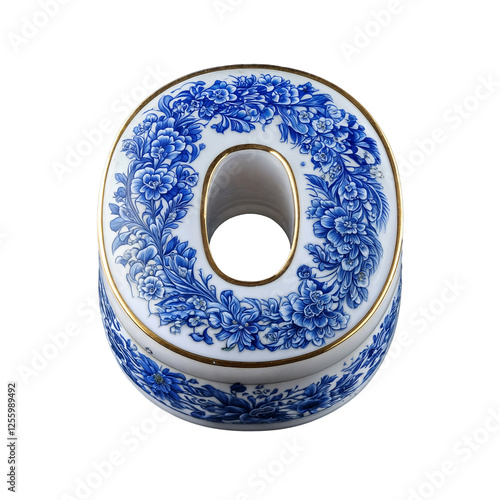 Letter O is designed in a porcelain style, featuring intricate blue floral patterns like Delftware or fine Chinese porcelain. Gold-trimmed edges add an elegant, luxurious touch.
