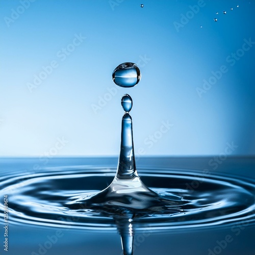 A single water droplet falls onto a calm water surface, creating a splash and forming a delicate column of water. The serene blue background enhances the tranquil scene.