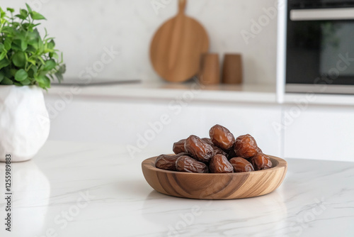  A wooden bowl filled with glossy dates sits on a clean white kitchen counter photo