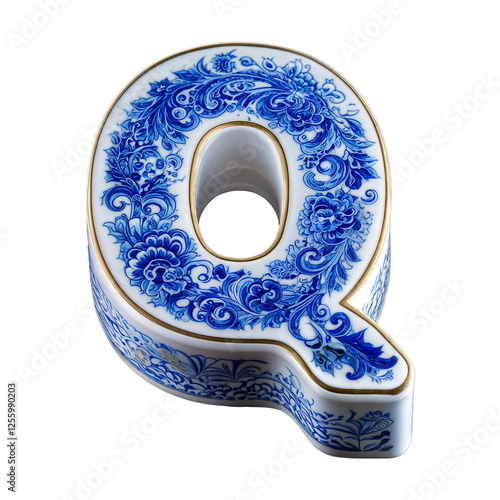 Letter Q is designed in a porcelain style, featuring intricate blue floral patterns like Delftware or fine Chinese porcelain. Gold-trimmed edges add an elegant, luxurious touch.