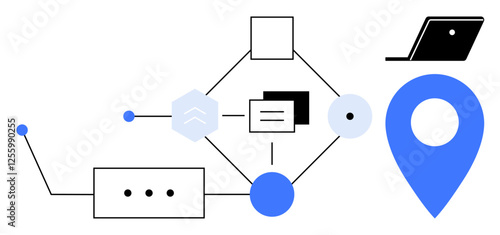 Network pathways connecting geometric shapes, laptop, location pin. Ideal for technology, communication, innovation, connectivity, networking data management digital infrastructure. Modern