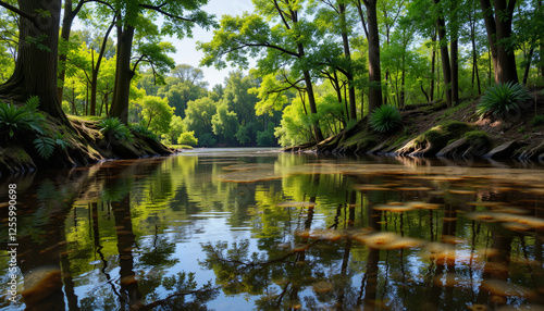 Lush tropical swamp reflecting vibrant greenery under bright sunlight, World Malaria Day