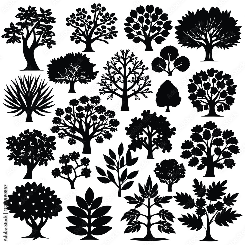 set of black silhouettes of trees set of black silhouettes of trees