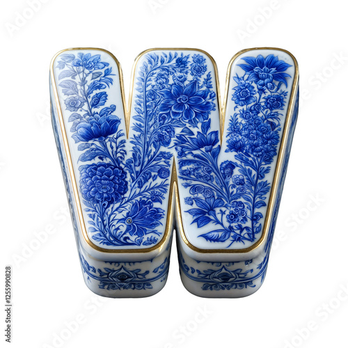Letter W is designed in a porcelain style, featuring intricate blue floral patterns like Delftware or fine Chinese porcelain. Gold-trimmed edges add an elegant, luxurious touch.