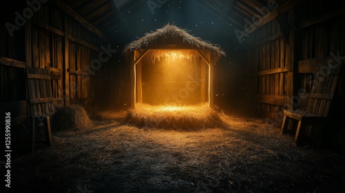 Illuminated nativity scene with straw-filled manger in wooden stable for christmas decor and design purposes