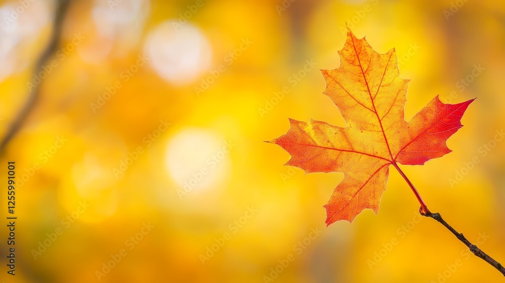 Fototapeta premium Vibrant orange maple leaf hanging delicately against a soft, blurred autumn background