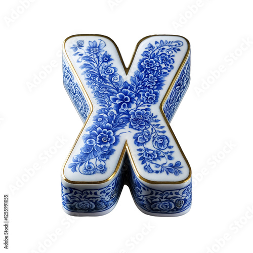 Letter X is designed in a porcelain style, featuring intricate blue floral patterns like Delftware or fine Chinese porcelain. Gold-trimmed edges add an elegant, luxurious touch.