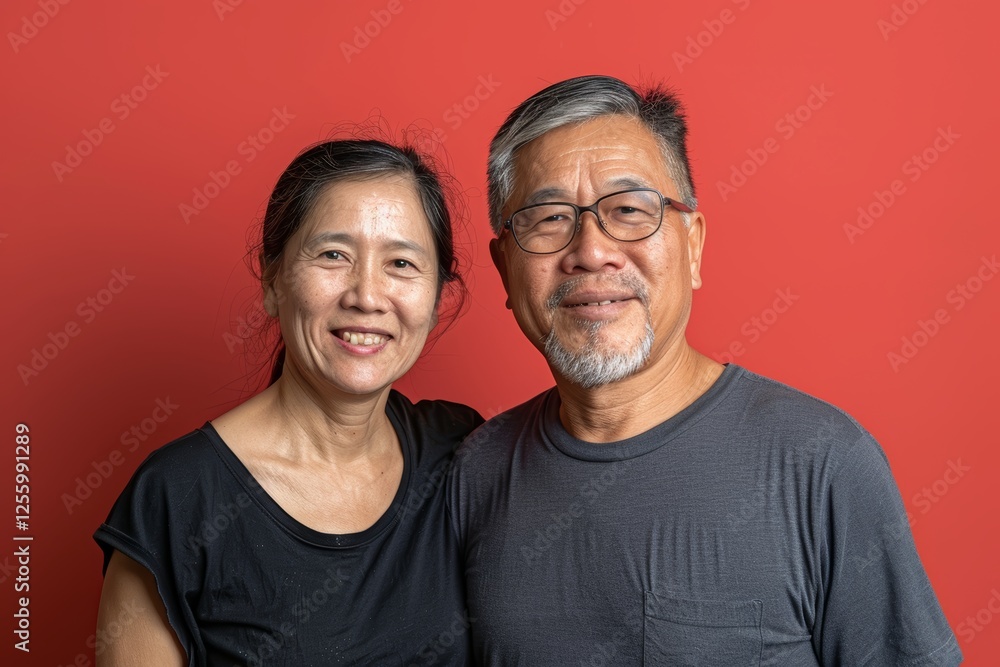 Portrait of a satisfied asian couple in their 60s dressed in a casual t-shirt isolated in solid color backdrop Portrait of a satisfied asian couple in their 60s dressed in a casual t-shirt isolated in solid color backdrop