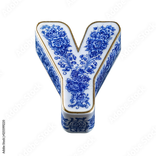 Letter Y is designed in a porcelain style, featuring intricate blue floral patterns like Delftware or fine Chinese porcelain. Gold-trimmed edges add an elegant, luxurious touch.