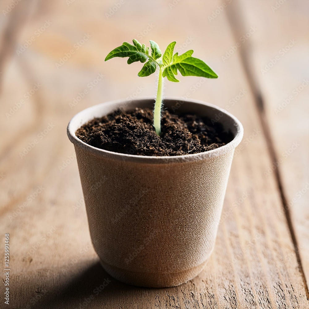 A small tomato plant emerges from dark soil in a biodegradable pot resting on a wooden surface. Soft natural light highlights the vibrant green leaves. A small tomato plant emerges from dark soil in a biodegradable pot resting on a wooden surface. Soft natural light highlights the vibrant green leaves.