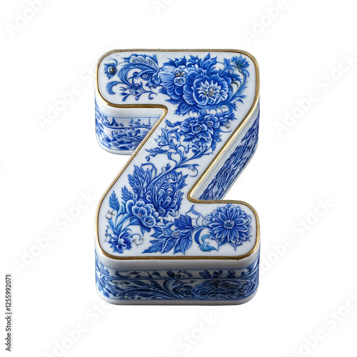 Letter Z is designed in a porcelain style, featuring intricate blue floral patterns like Delftware or fine Chinese porcelain. Gold-trimmed edges add an elegant, luxurious touch.