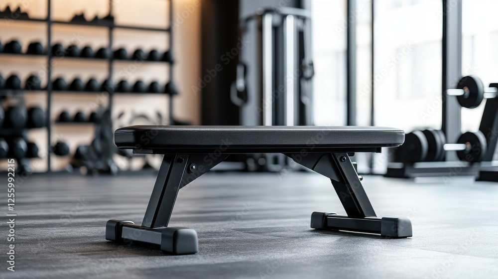 Fototapeta premium A black adjustable weight bench sits in a modern gym. Dumbbells are in the background, suggesting a workout environment. The bench is clean and well-maintained