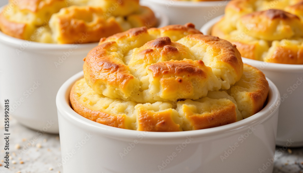 Golden cheese souffle rising in ramekins, culinary perfection Golden cheese souffle rising in ramekins, culinary perfection