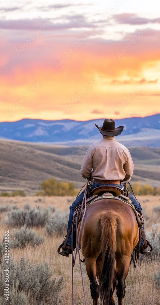 Cowboy horseback riding sunset, Montana landscape. Western lifestyle imagery. Cowboy horseback riding sunset, Montana landscape. Western lifestyle imagery.
