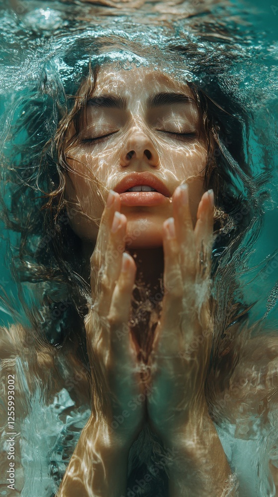 Artistic underwater portrait capturing emotions with a woman in serene blue tones, ideal for wellness and beauty themes. Artistic underwater portrait capturing emotions with a woman in serene blue tones, ideal for wellness and beauty themes.