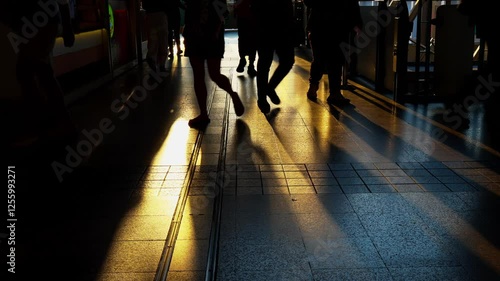 Silhouette of crowd people walking against sunset light. Shadows of busy pedestrians walking after work through a golden sunset on a train station. Long shadows and warm lights of evening atmosphere.