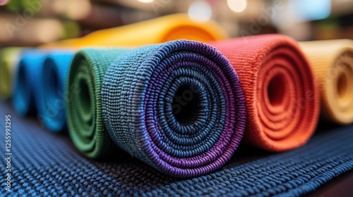 Colorful yoga mats rolled up in store display photo