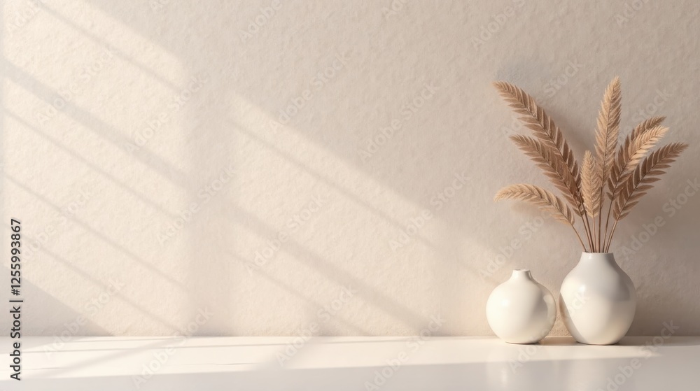 Fototapeta premium Serene Minimalist Home Decor Scene with Dried Flowers in White Vases on a Bright Surface