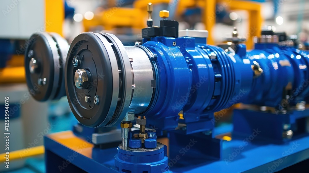 Close-up of electric pump, focusing on durable metal parts, industrial-grade connections in plant. Close-up of electric pump, focusing on durable metal parts, industrial-grade connections in plant.