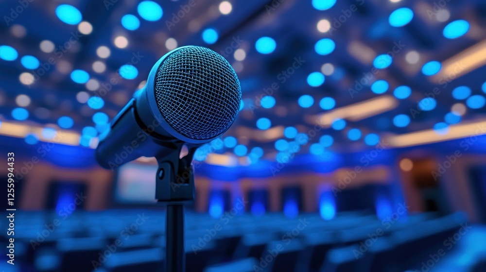 Conference Microphone in Blue Lit Auditorium Conference Microphone in Blue Lit Auditorium