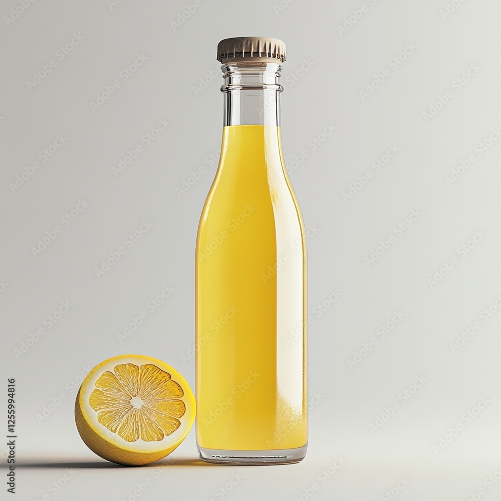 Lemon juice in a glass bottle, adorned with lemon garnishes, set against a sophisticated grey background. Lemon juice in a glass bottle, adorned with lemon garnishes, set against a sophisticated grey background.
