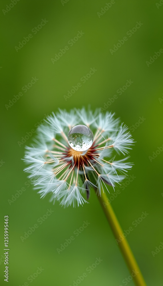 Beautiful dew water drop on a dandelion flower on blurred green background macro. Soft dreamy elegancy artistic image tenderness and fragility of nature, clipart style. with white shades Beautiful dew water drop on a dandelion flower on blurred green background macro. Soft dreamy elegancy artistic image tenderness and fragility of nature, clipart style. with white shades