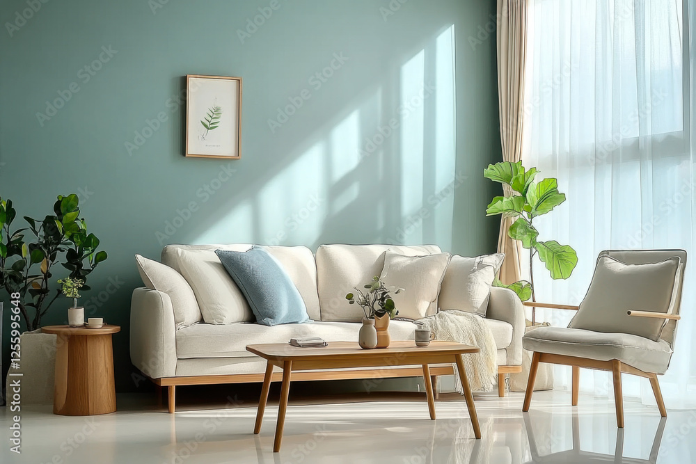 Fototapeta premium Wooden coffee table and chair. gray sofa against green wall