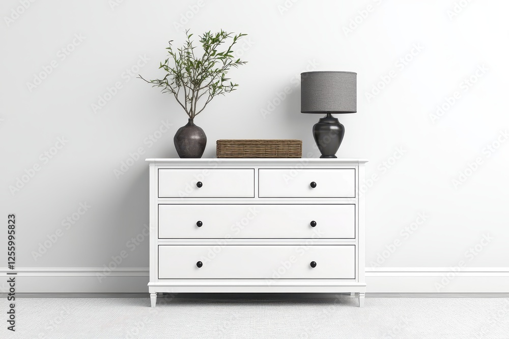 Fototapeta premium Elegant white dresser adorned with decor elements in a serene interior setting