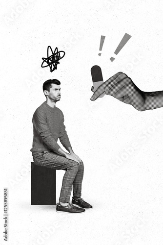 Vertical collage image of big arm fingers hold pill give minded mini guy black white colors isolated on creative background photo