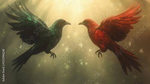 Two birds, one red and one black, are flying together in the sky. The red bird is perched on the wing of the black bird