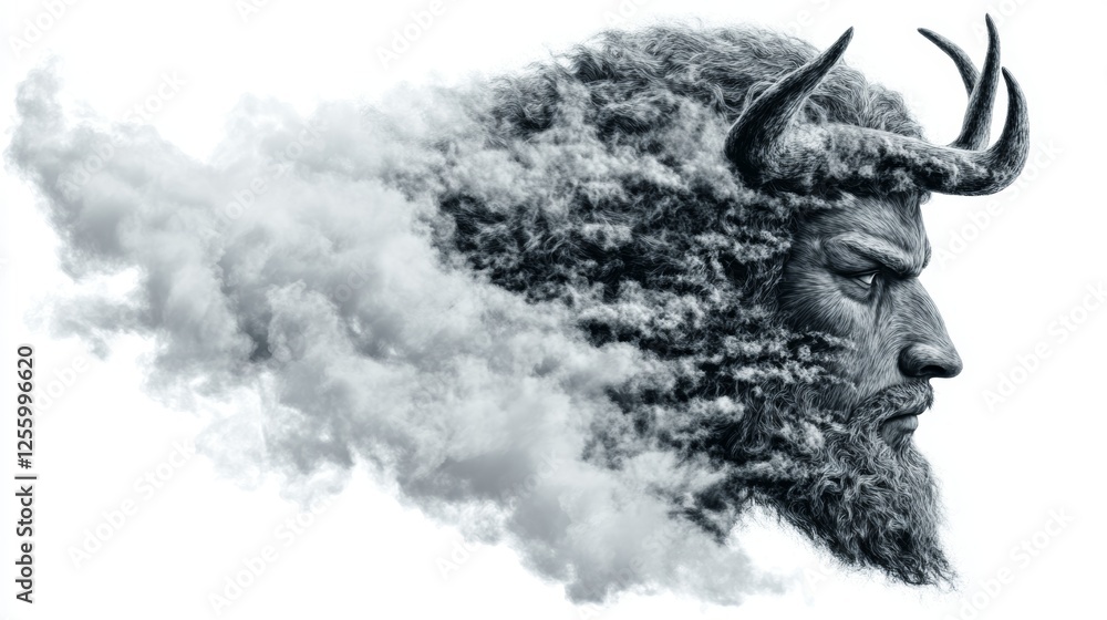 Profile of a majestic, horned figure, half-emerging from a swirling cloud, in shades of gray. A powerful and mysterious image. Profile of a majestic, horned figure, half-emerging from a swirling cloud, in shades of gray. A powerful and mysterious image.