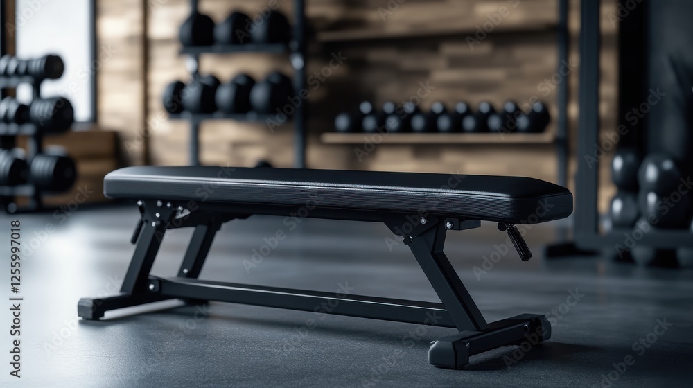 Fototapeta premium A black adjustable weight bench sits in a modern gym. Dumbbells are in the background, suggesting a workout environment. The bench is clean and well-maintained