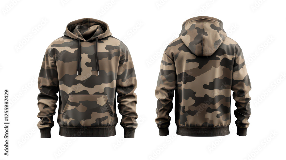 Camouflage hoodie design front and back view for fashion showcase isolate on transparent background, cutout, png Camouflage hoodie design front and back view for fashion showcase isolate on transparent background, cutout, png