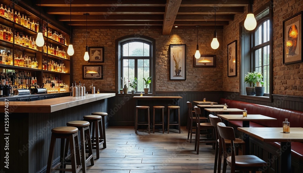 Artistic rustic bar setting with soft lighting and charming wooden textures Artistic rustic bar setting with soft lighting and charming wooden textures