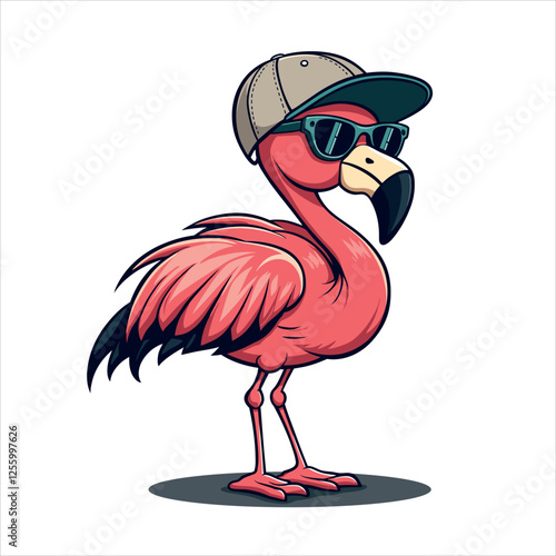 A cartoon flamingo with a vibrant pink body black tipped wings wearing a baseball cap and sunglasses and a fashionable streetwear look