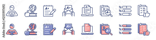 education school exam test icon line set questionnaire task quiz pass grade evaluation signs vector illustration for web and app