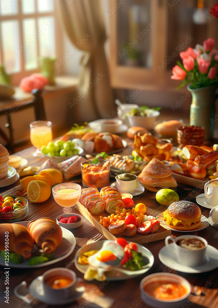 Fototapeta premium illustration of easter breakfast, brunch, dinner, lunch, food