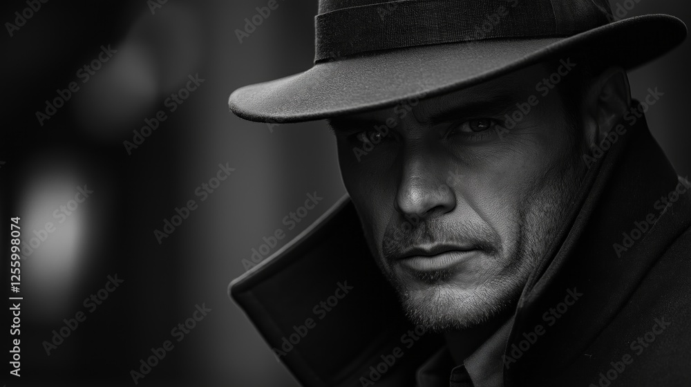 Mysterious detective in black and white portrait with dramatic lighting Mysterious detective in black and white portrait with dramatic lighting